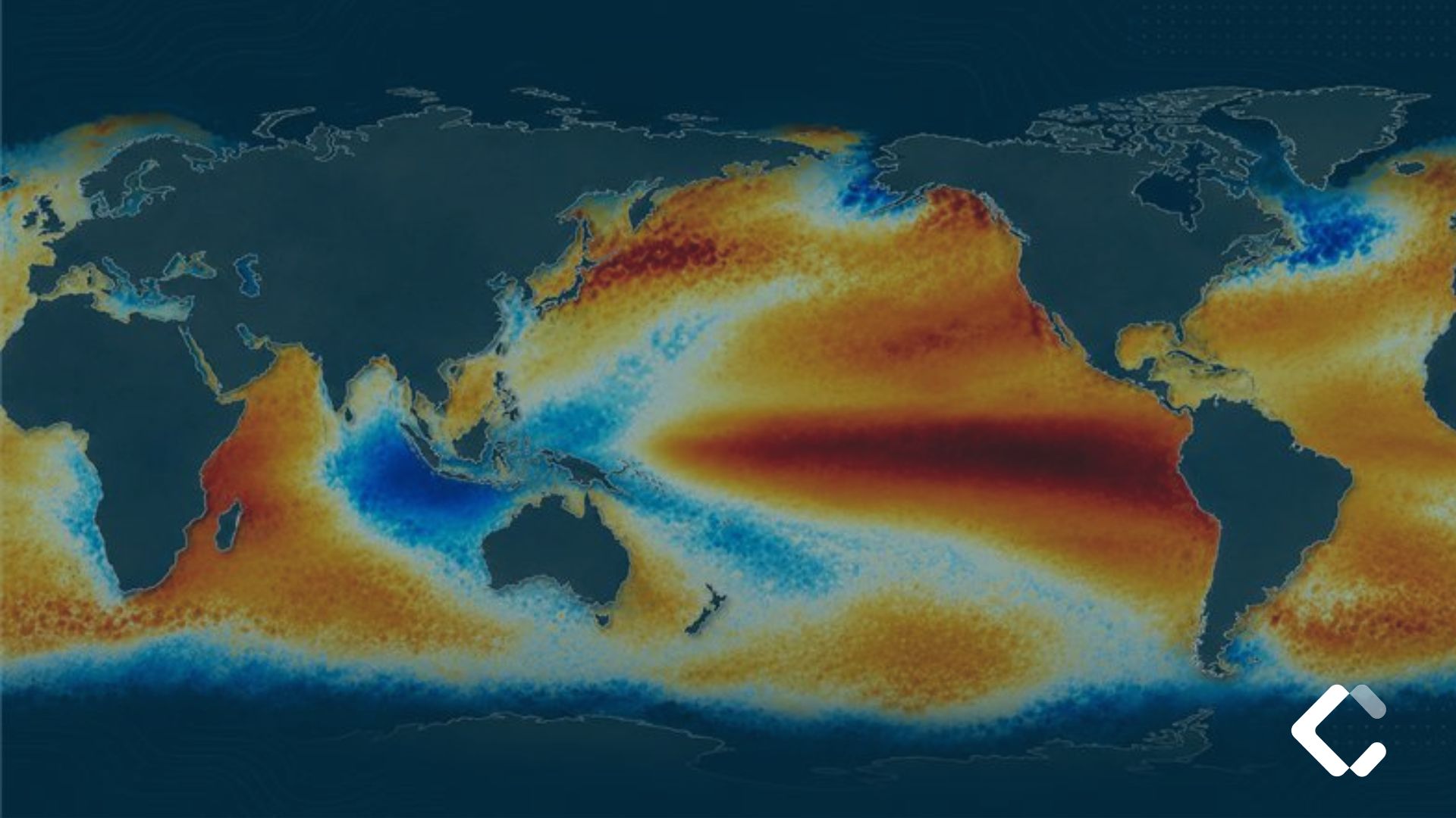 Mapa global ilustrando anomalias de temperatura nos oceanos Pacífico e Índico