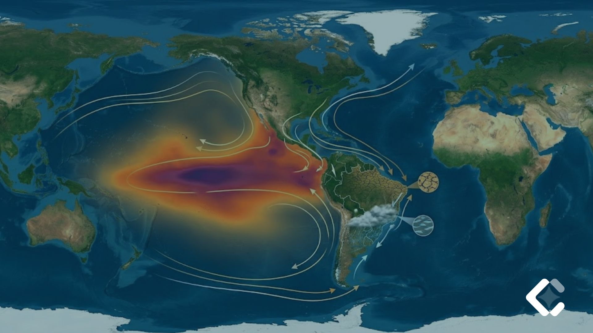 Mapa global mostrando anomalias de temperatura oceânica características do fenômeno El Niño